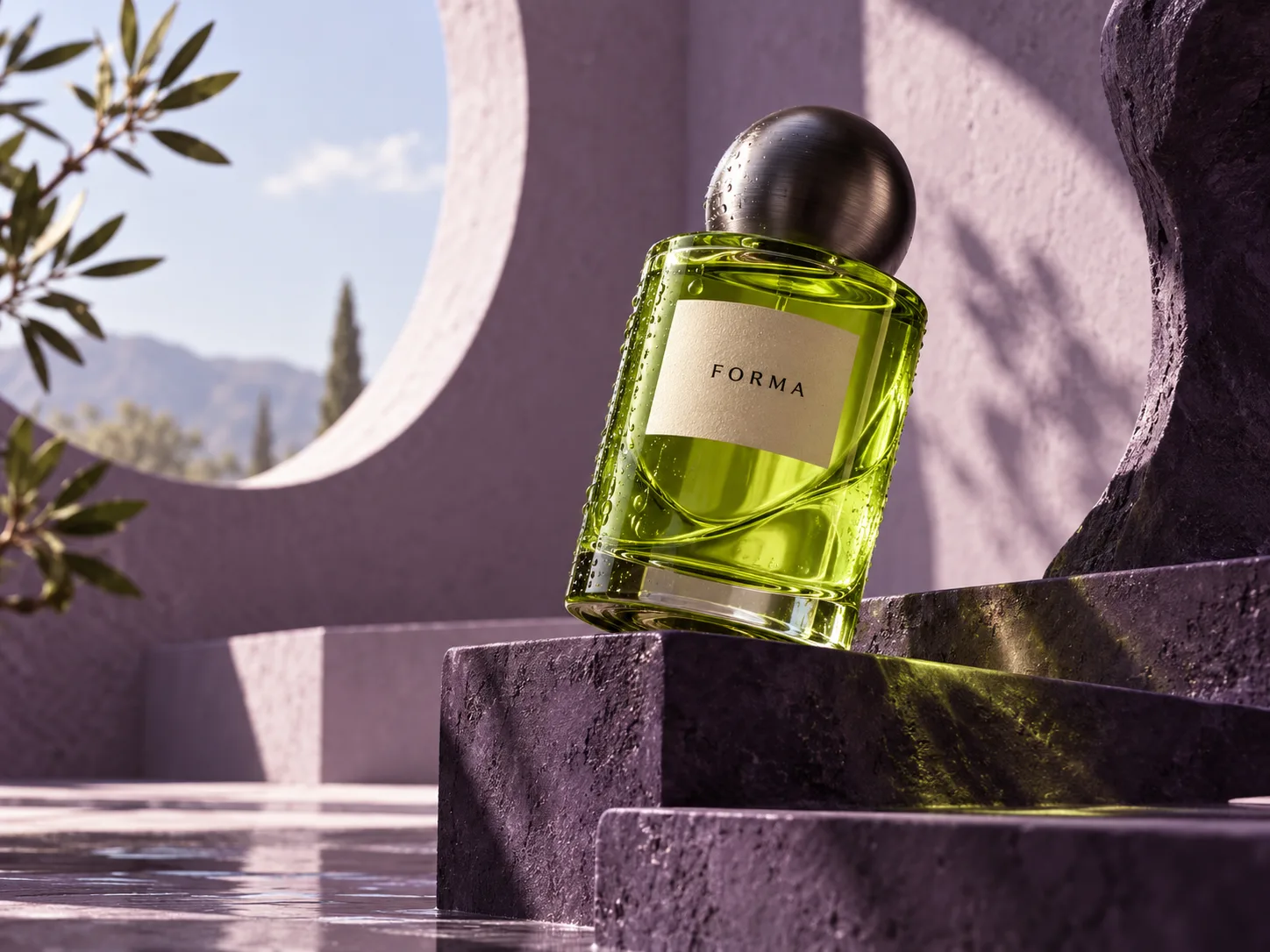 Perfume conceptual verde sobre un pedestal violeta. Imagen generada.
